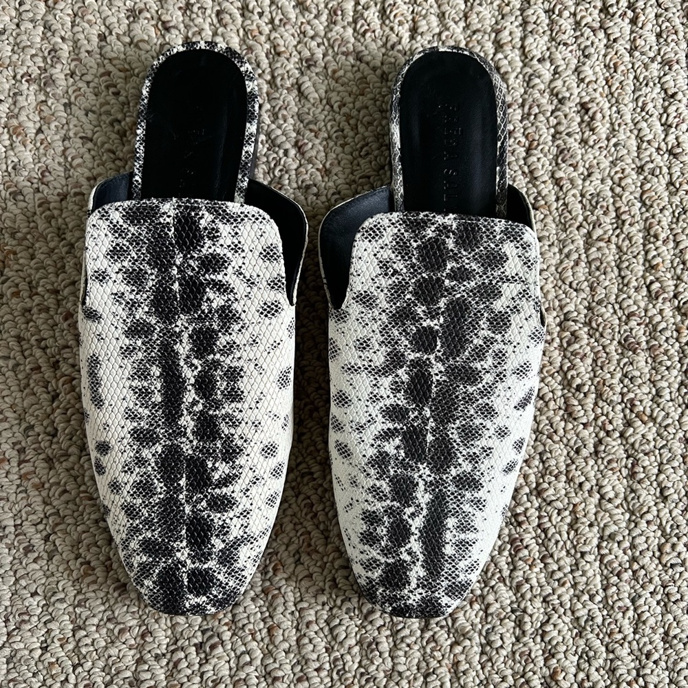 Freda Salvador Cream/Black Snake print Leather Mules, size 8
